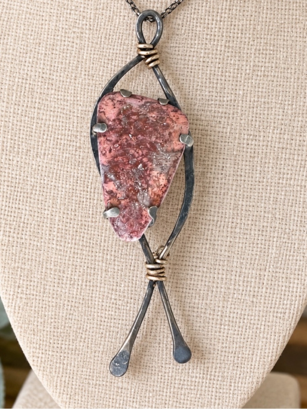 Unique handcrafted statement pendant necklace natural-looking dusty rose stone